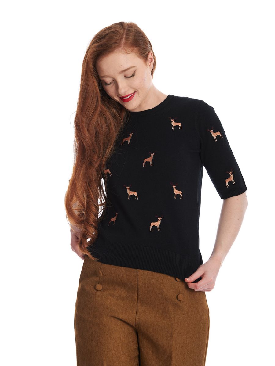 Banned Ruby Sweet Deer Jumper - Vintage Style Reindeer Pattern Knit Sweater