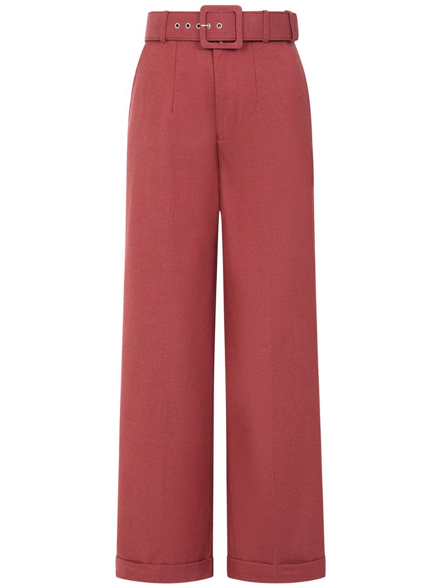 Banned Joanna 40s Wide Leg Trousers - Vintage Style Belted Comfort Pants-Wash Burgundy